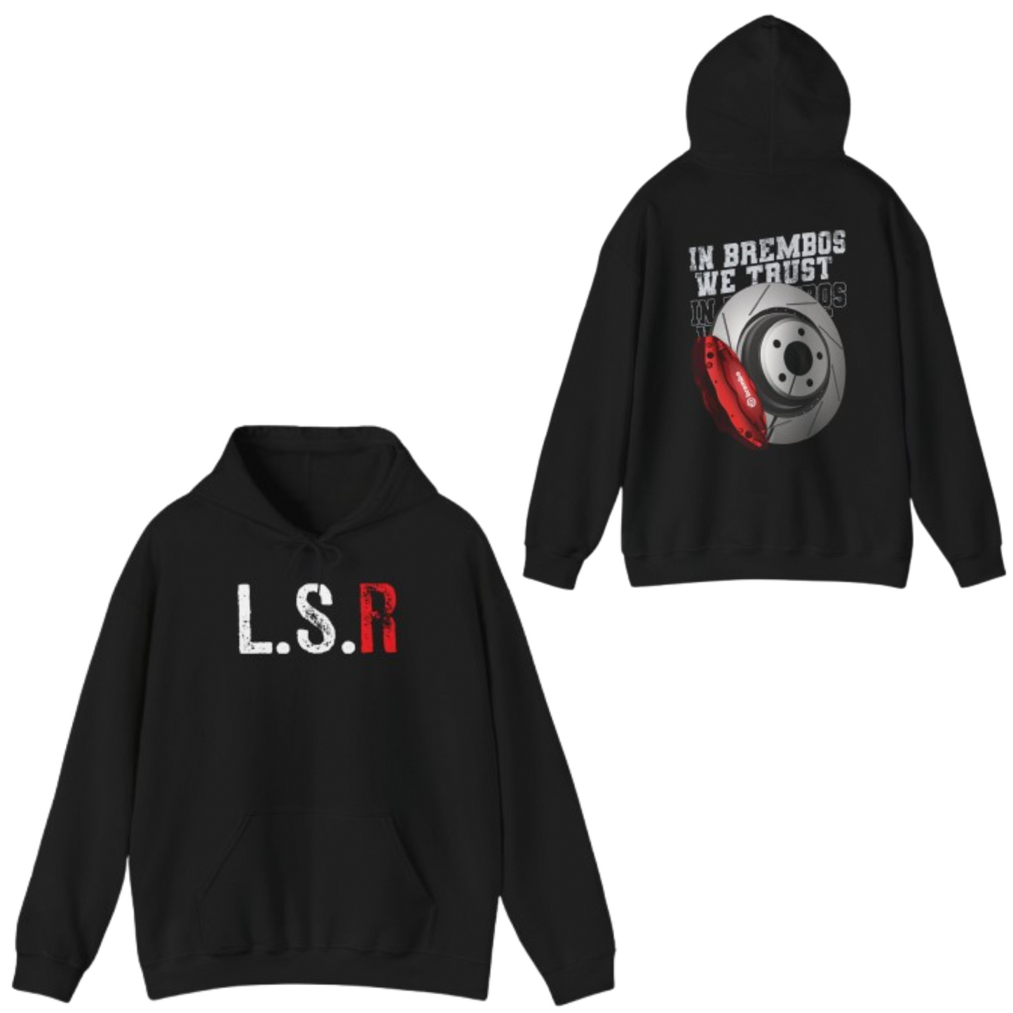 L.S.R Red (lifestyle racing) in brembos we trust graphic hoodie